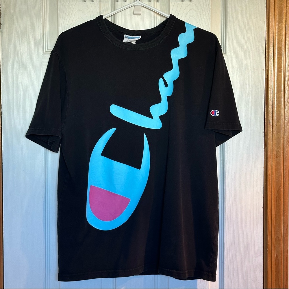 Black, Pink and Blue Champion Crewneck T-Shirt, Men’s Large